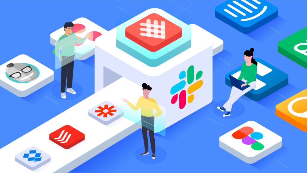 les logos des outils collaboratifs pour le télétravail, comme slack, notion, teams, google